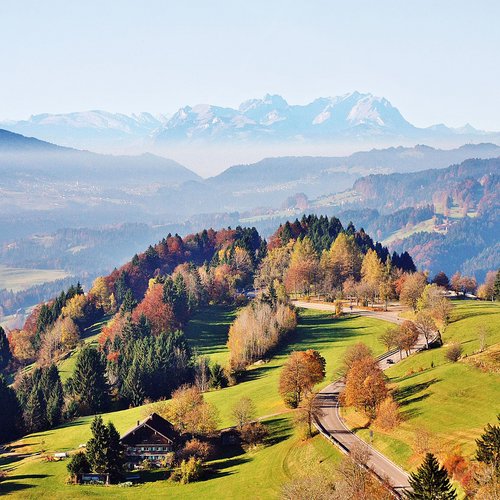 Die Tipps aus dem Wanderhotel im Allgäu Herbstliche Landschaft mit Hügeln, Wald, Straße und Bergen im Hintergrund
