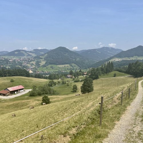 Die Tipps aus dem Wanderhotel im Allgäu Radfahrer auf Bergweg mit Blick auf grüne Hügel und Dorf in der Ferne