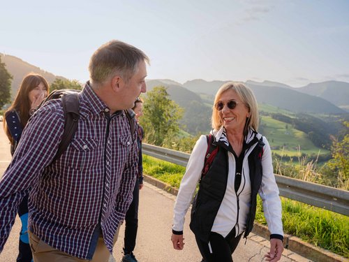 Sportwochen in unserem Fitnesshotel Gruppe lächelnder Menschen wandert auf Landstraße mit Bergen im Hintergrund