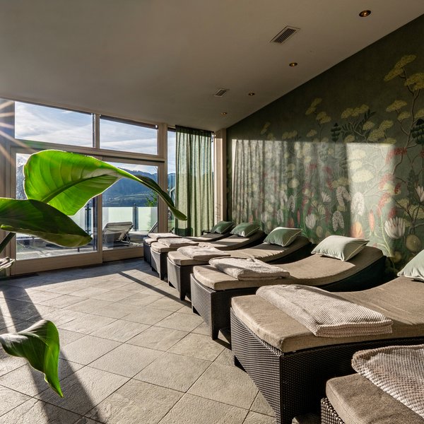 Ihr Wellnesshotel im Allgäu Ruheraum mit Liegen, grünen Pflanzen und Blick auf Berge bei Sonnenlicht